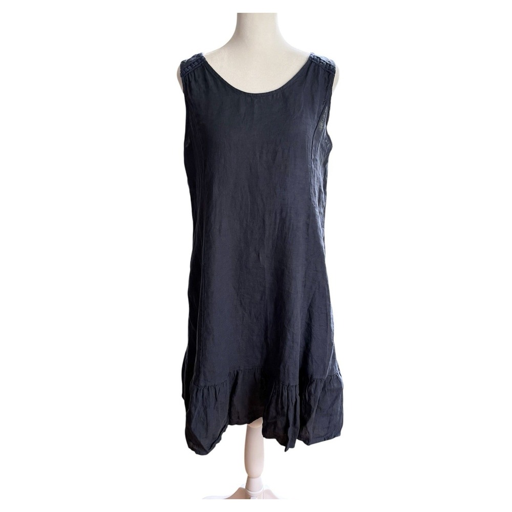 Terzo Millennio Linen Sleeveless Dress Size S Navy Blue Ruffle Hem Made in Italy